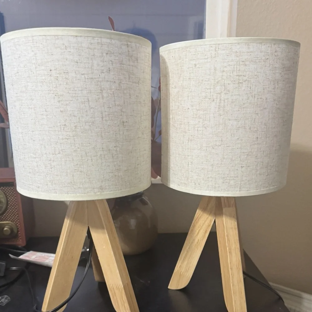 Set of 2 IKEA Wooden and Cream Table Lamps with Wooden Base